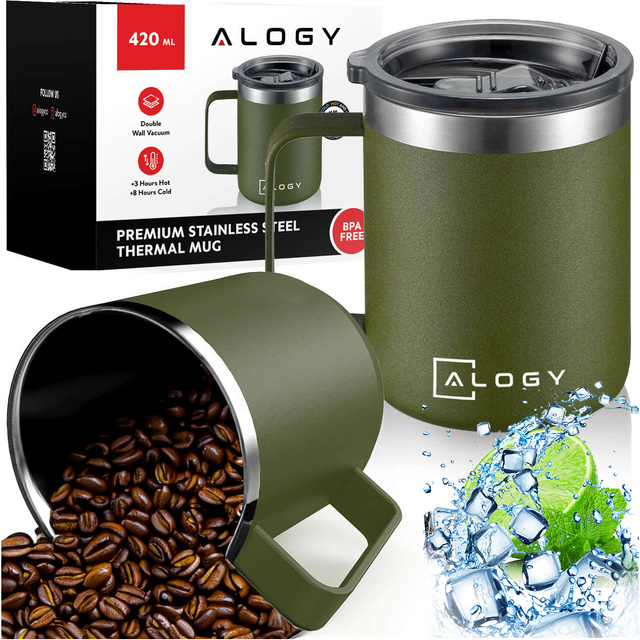 Thermal mug 420 ml with handle and lid for coffee, tea, steel, cold and hot drinks Alogy Green