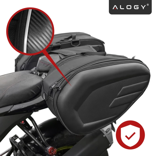Sakwa Motocyklowa 38–58L – Torba, Kufry boczne, Sakwa na Tylne Siedzenie, Wodoodporna, Twardy Materiał, Regulowana na Motocykl – Alogy RoadPack™ Czarna
