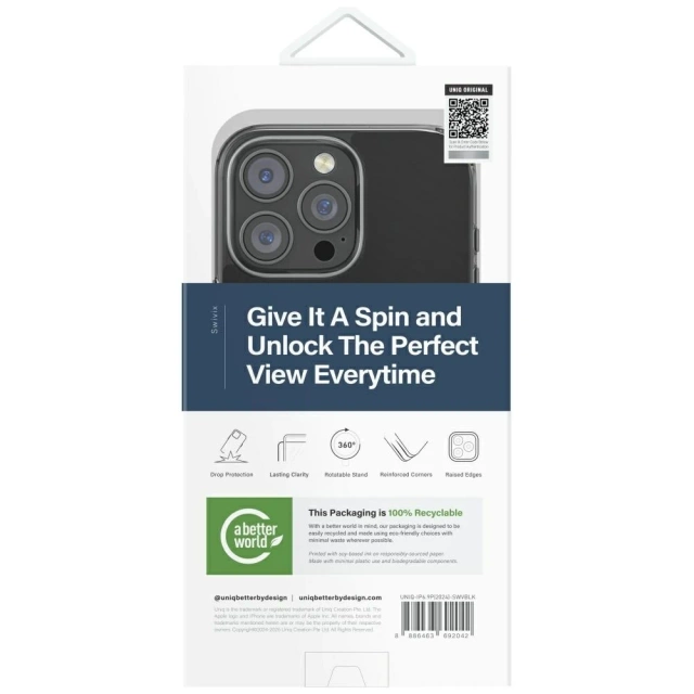 UNIQ Swivix 360 drehbare Schutzhülle mit Ständer, Schwarz, für iPhone 16 Pro Max