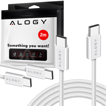 Kábel USB-C typu C silný rýchly PD 2M pre iPhone 15 Alogy nylonový kábel Biely