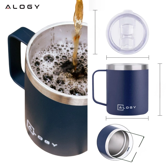 Thermal mug 420ml with handle lid for coffee tea steel cold and warm drinks Alogy navy blue