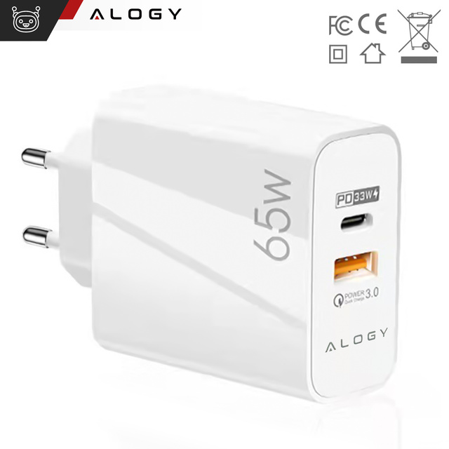 Швидкий зарядний пристрій USB-A QC 3.0 Quick Charge USB-C PD 33 Вт 65 Вт Alogy White