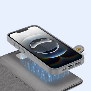 Шкіряний чохол Dux Ducis Lawa для iPhone 16e з гаманцем MagSafe сірого кольору