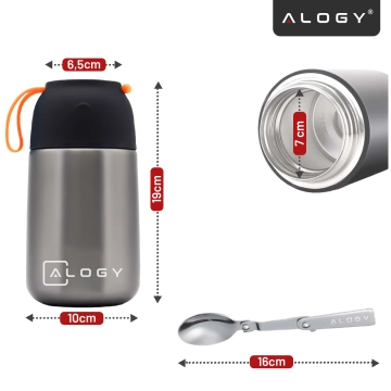 Abendessen-Thermoskanne für Kinder-Suppe, Essen, 700 ml, Alogy Edelstahl-Klapplöffel, Thermograu