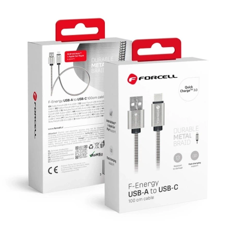 Кабель USB-A - USB-C 12 Вт 1 м Forcell Steel QC 3.0 CarPlay/Android Auto