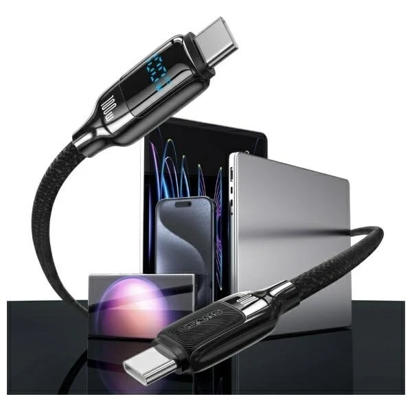 Кабель USAMS USB-C до USB-C 1,2 м, 100 Вт, цифровий дисплей, чорний