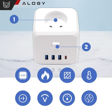 Netzwerk Splitter Splitter Ladegerät Adapter Dieb 3 Steckdosen EU 3x USB USB-C C 7in1 Alogy Weiß