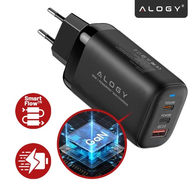 Alogy GaNCharge Kompaktes 3-in-1-Wandladegerät, schnelles Laden, GaN3, 65 W, USB-A, 30 W, 2 x USB-C, 65 W, Schwarz