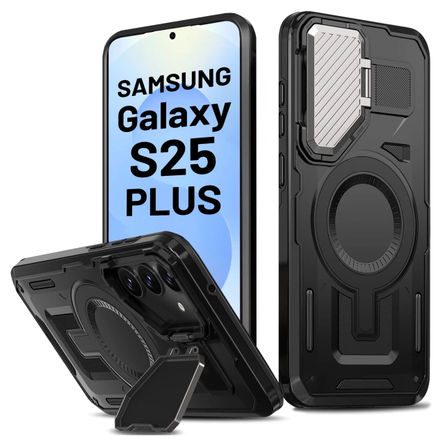 Etui do Samsung Galaxy S25 Plus Case do MagSafe Wzmocniona Pancerna ochrona obiektywów z funkcją podstawki obudowa ochronna na telefon Alogy HeavyDuty Mag™️Czarne