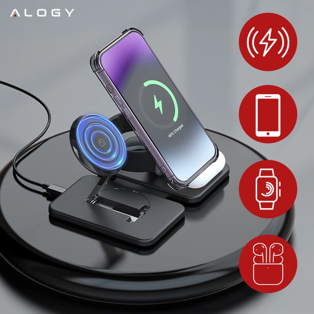 Bezdrátová nabíječka Alogy MagCharge Foldable Pro 3 v 1 pro MagSafe, Apple iPhone, Watch, AirPods, černá