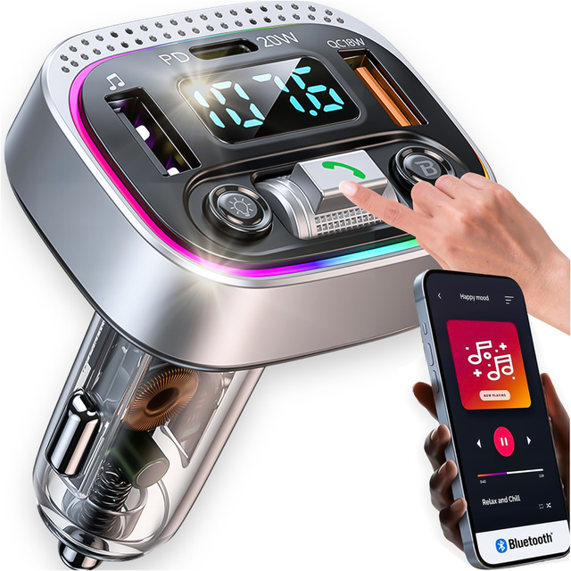 Bluetooth FM MP3 Autosender Schnellladegerät 2 x USB QC 3.0 USB-C C PD 20W LED RGB Alogy Car Silber