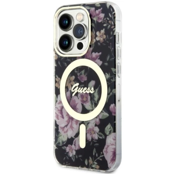 Puzdro na telefón Guess GUHMP14LHCFWSK do Apple iPhone 14 Pro 6,1" čierne/čierne pevné puzdro Flower MagSafe