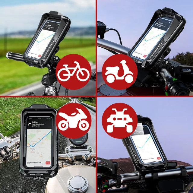 Motorrad-Handytasche für Smartphones bis 7 Zoll, wasserdicht (IP66), mit Touchscreen, Kabelanschluss, für Motorräder, Fahrräder, Roller und Co. – Schwarz