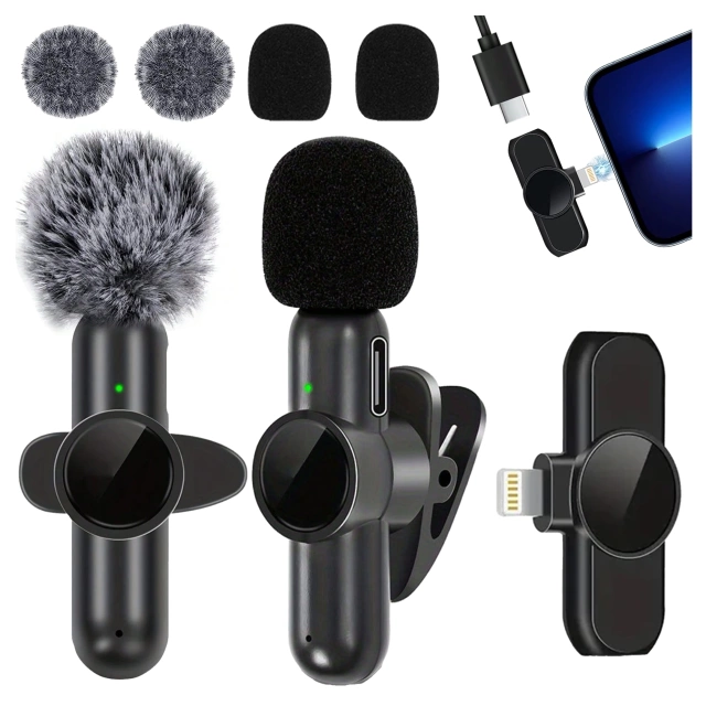 Wireless Microphone 2x Set - Lightning to iPhone, Noise Cancelling, Lightweight Design, Range Up to 20 Meters - 2x Lapel Microphone with Fur Cover, Phone Receiver - Alogy DualVoice™ Black