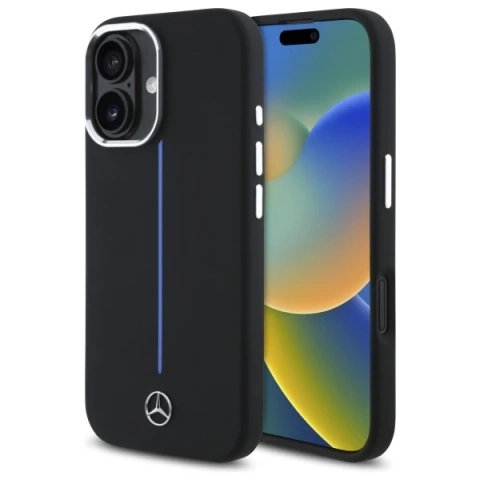 Mercedes-Hülle für iPhone 16 6,1 Zoll, schwarzes MagSafe-Hardcase-Silikon, blau gestreift