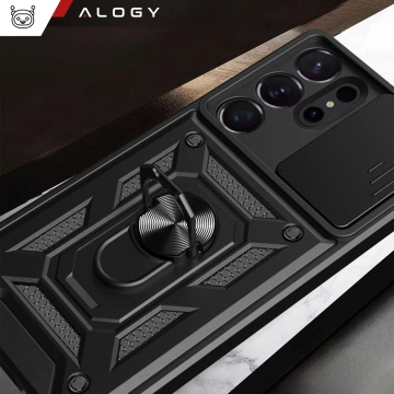 Puzdro pre Samsung Galaxy S25 Ultra, vysúvací krúžok, ochrana fotoaparátu, štít kamery, Alogy, čierne sklo