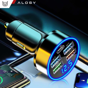 Nabíječka do auta 4x USB QC 3.0 USB C PD 20W LED rychlá výkonná 250W pro telefon Alogy Car černá