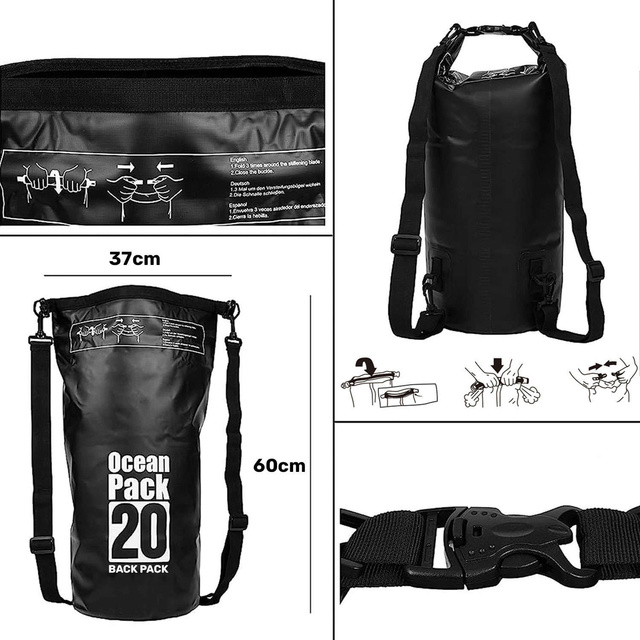 20L wasserfester Sack, wasserdichte Tasche, Kajak-Segeltasche, PVC, für Sport, Schwarz