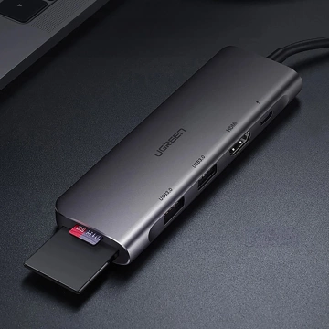 Ugreen CM195 ​​​​Adaptér USB-C HDMI USB-A SD TF PD 100W Hub 6v1 sivý