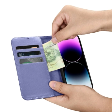 Peňaženka iCarer 2v1 kryt iPhone 14 Pro Max kožený flipový kryt Anti-RFID svetlofialový (WMI14220728-LP)