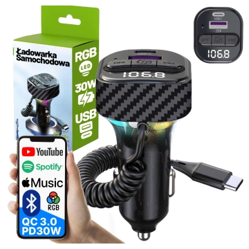 Bluetooth 5.3 FM Transmitter with PD 30W QC3.0 Car Charger, USB-C Spring Cable, Pendrive Support, 7 Color LED Backlight – Alogy CarTune™ Black
