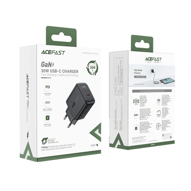 Nabíječka Acefast GaN 30W USB-C PD QC 3.0 do zásuvky černá/černá