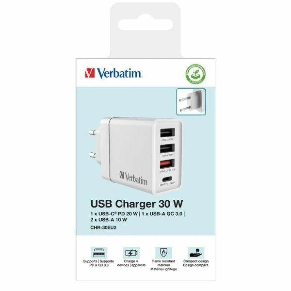 Verbatim 30W Wandladegerät 3xUSB-A/USB-C PD 3.0 Weiß