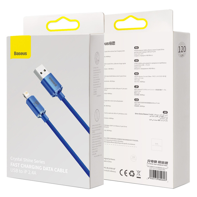 Cable 1.2m Baseus Crystal USB cable for Lightning iPhone 2.4A Blue