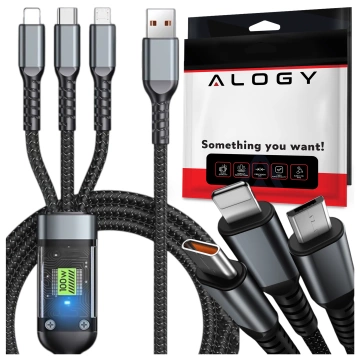 120cm nabíjecí kabel Alogy 3v1 pro rychlé nabíjení 100W USB na USB-C Micro Lightning, černý