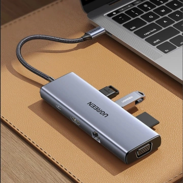 Адаптер Ugreen CM498 USB-C HDMI VGA RJ45 USB-A SD PD 100W Hub 9-в-1 сірий