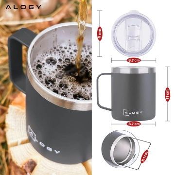 Termohrnček 420 ml s uškom a vrchnákom na kávu, čaj, oceľ, studené a teplé nápoje Alogy Grey