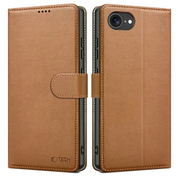 Peňaženkové puzdro Tech-Protect pre iPhone 16e, hnedé s flipom a stojanom