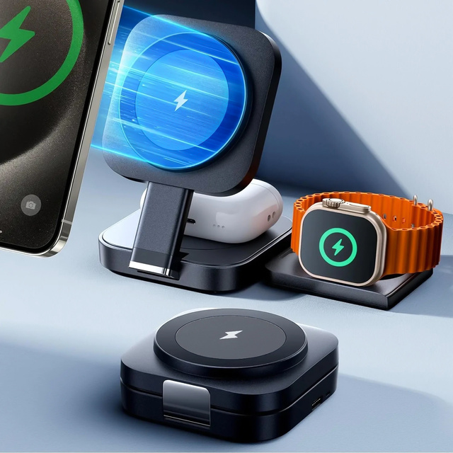 Qi Mag Safe 15W indukčná nabíjačka pre iPhone Apple Watch AirPods bezdrôtová dokovacia stanica 3v1 čierna