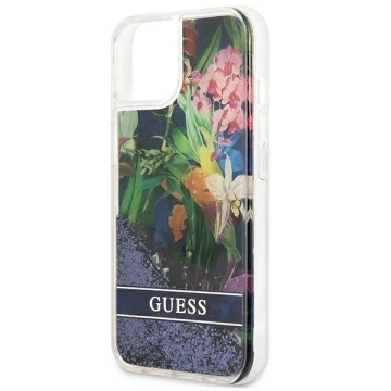 Guess GUHCP13SLFLSB iPhone 13 mini 5,4" niebieski/modré pevné puzdro Flower Liquid Glitter