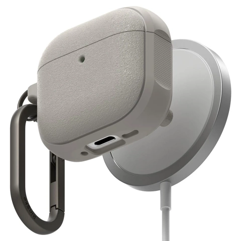Puzdro na Apple AirPods 4 Ringke Onyx MagSafe s karabínou v teplej sivej farbe