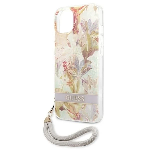 Guess GUHCP13SHFLSU iPhone 13 mini 5,4" fioletowy/fialové pevné pouzdro Flower Strap
