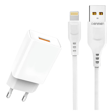 USB-Wandladegerät USB - Lightning-Kabel für iPhone 1 m schnell 2,4 A 12 W Denmen Weiß