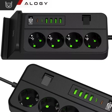 Alogy Plug Extender zásuvka splitter splitter adaptér predlžovací kábel s Qi indukčnou nabíjačkou 4x EU zástrčka 4x USB 2x USB-C Čierny