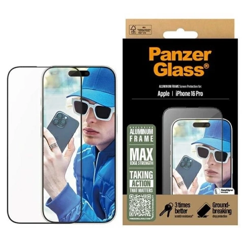 Tvrzené sklo pro iPhone 16 Pro PanzerGlass Screen Protector Hliníkový rám Ultra-Wide Fit s hliníkovým rámem