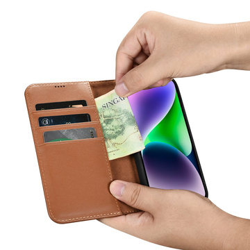 Kožené flipové puzdro iCarer Wallet Case 2v1 iPhone 14 Plus Anti-RFID hnedé (WMI14220727-BN)