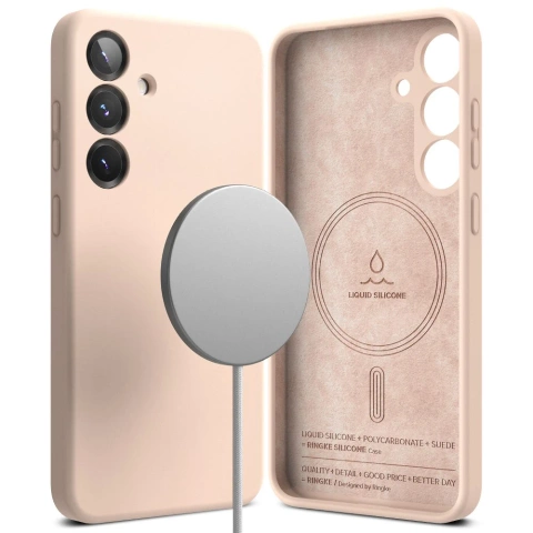 Silikonový pouzdro na Samsung Galaxy S25 Plus, růžový, pískový, magnetický, MagSafe.