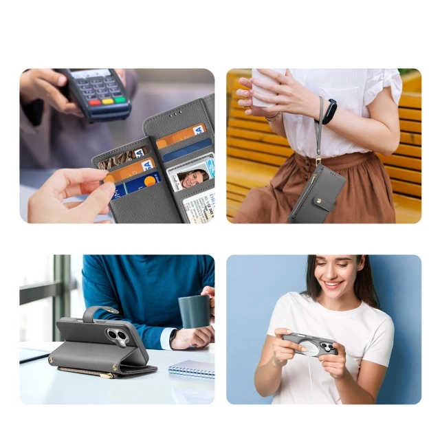 Kožené pouzdro iPhone 16 MagSafe Dux Ducis Lawa Wallet – šedé