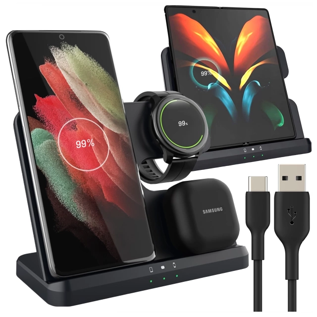 Kabelloses induktives Ladegerät 3in1 Qi 3.0 Fast für Samsung S22 S23 S24 Galaxy Watch Buds Station schwarz