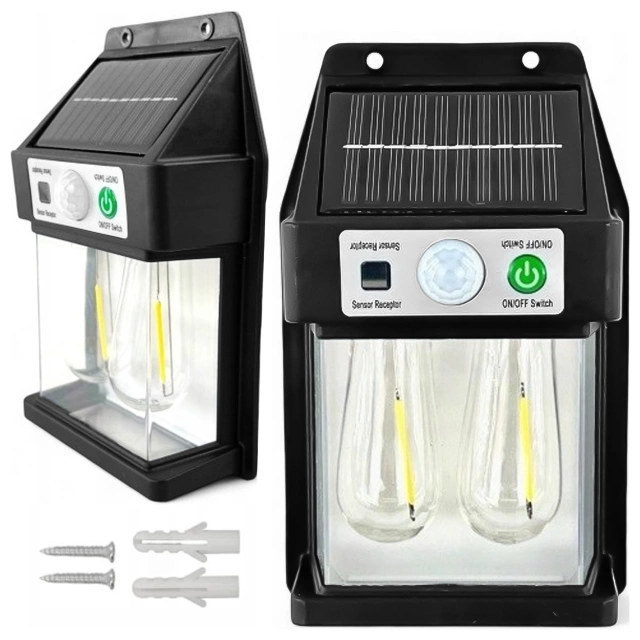 Lampa Solarna elewacyjna Kinkiet LED 60 na ścianę domu ogrodowa Barwa Ciepła 2 żarówki Czarna