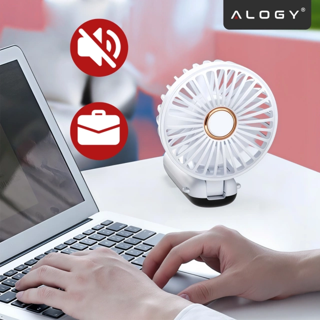 Bezdrôtový prenosný stolný ventilátor Alogy CoolBreeze™ s držiakom na telefón, nabíjaním cez USB-C a batériou 18650 – biely