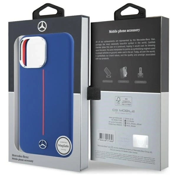 Mercedes Case for iPhone 16 Pro Max 6.9" Navy Blue MagSafe Hardcase Silicone Red Stripe
