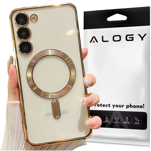 Hülle für Samsung Galaxy S24 Mag Safe Glamour Case Ringgehäuse Kameraschutz Alogy Gold Transparentes Glas
