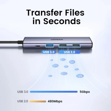 Адаптер Ugreen CM478 USB-C на HDMI / USB-A 3.0 / 2x USB 2.0 / PD, сірий