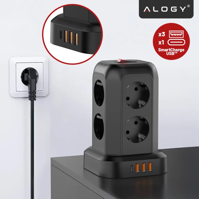 Przedłużacz 12w1 Rozdzielacz wieża ładująca Alogy ChargeTower Pro 2500W 8x gniazdo ładujące 3x USB.A 1x USB.C kabel 1.8m Czarny