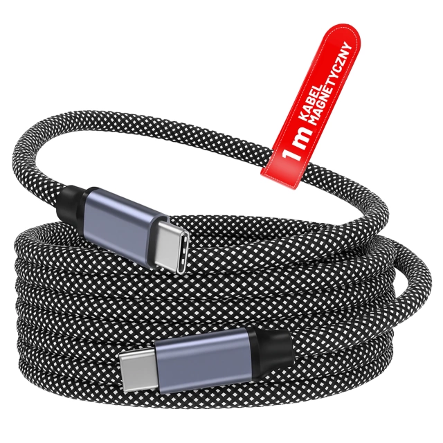 Kabel Zasilający USB-C do USB-C 65W 1m, Szybkie Ładowanie PD, Magnetyczny, Trwały i Elastyczny Przewód Alogy MagiCharge™ – Czarny + Ładowarka Sieciowa 3w1 65W